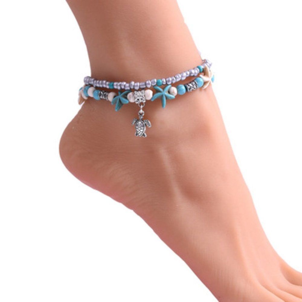 Fashion Beach Double Anklet Conch Starfish Rice Bead Bracelet